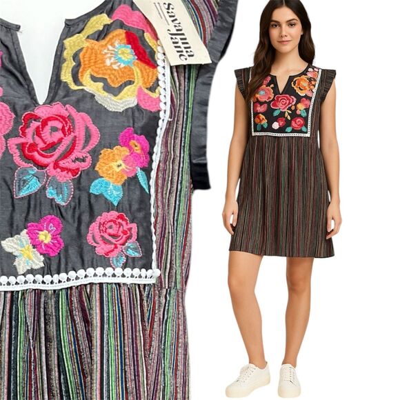 Savanna Jane Embroidered Boho Dress Black Multi Stripe Floral Size Small NWT - Picture 1 of 12